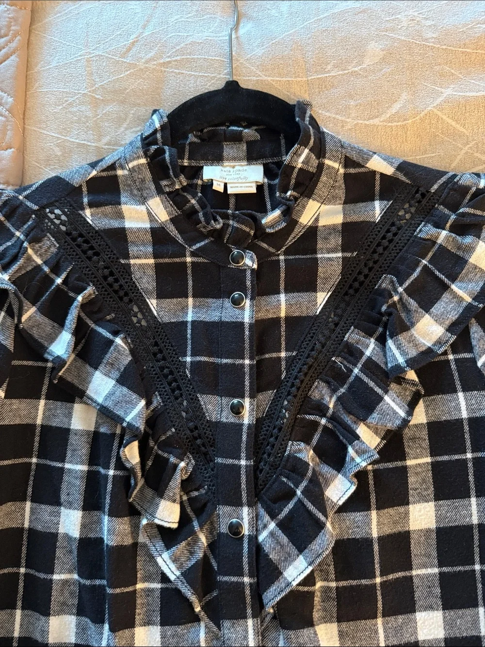 Kate Spade Live Colorfully Black Plaid Long Sleeve Button Up Shirt